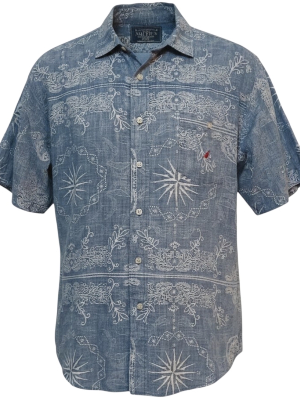 Nautica - Blue Button Up Cotton Shirt W/Nautical & Paisley Print, Short Sleeves